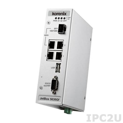 JetBox 5630Gf-w Korenix Industrial VPN Router Computer, Embedded Linux 3.2, ARM Cortex-A8 720MHz, 4xRJ45, 1xSFP/RJ45 combo, 1xUSB, 1xRS232/422/485, 9..+36V DC-In