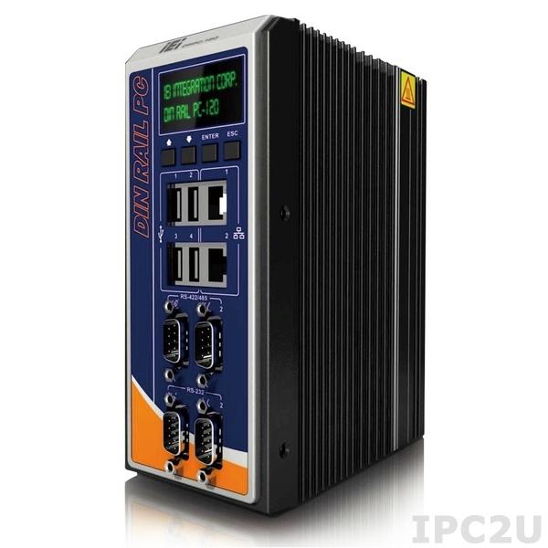 DRPC-120-BTi-E5-OLED/2G Безвентиляторный компактный компьютер на DIN-рейку, Intel E3845 1.91ГГц, 2Гб DDR3L, 2xГбит LAN, 2xRS232/2xRS422/485, HDMI, VGA, DVI-I, 4xUSB, отсек 2.5&quot; SATA HDD/SDD , mSATA, 8xDI/8xDO, IEI iRIS-2400 (опция), OLED, 9..+30В DC