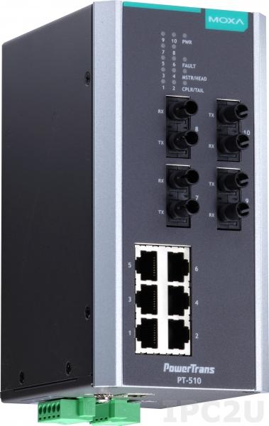 PT-510-4M-ST-HV Управляемый коммутатор 6 x 10/100BaseTX, 4 x 100BaseFX (многомодовое оптоволокно), питание - 110/220 В пост./перем., разъем ST, IEC 61850-3