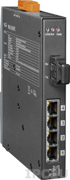 NSM-205PFCS-24V Индустриальный коммутатор с 4 портами 10/100 Base-T Ethernet, 4xPoE, один оптический канал, разъем SC, 24 В, металлический корпус