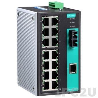 EDS-316-S-SC-T Промышленный 16-портовый неуправляемый коммутатор: 15 портов 10/100 BaseT Ethernet, 1 порт 100BaseFX (одномодовое волокно, разъем SС), -40...+75С