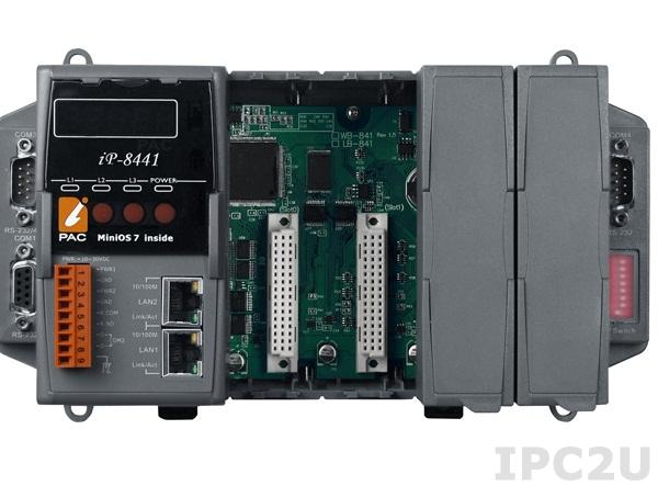 iP-8441-FD PC-совместимый промышленный контроллер 80МГц, 768кб SRAM, 512кб Flash, 64 MB NAND Flash диск, 2xLAN, 2xRS232, 1xRS485, 1xRS232/485, 7-сегментный индикатор, 4 слота расширения, Mini OS7