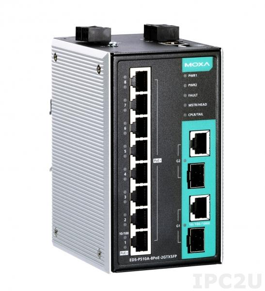 EDS-P510A-8PoE-2GTXSFP Промышленный 10-портовый управляемый коммутатор: 8 PoE/PoE+ портов 10/100 BaseT(X), 2 комбо-порта 10/100/1000BaseT(X) (RJ45 + SFP), -10...+60С