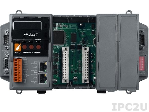 iP-8447 PC-совместимый промышленный контроллер 80МГц, 512кб Flash, 768кб SRAM, 2xLAN, 2xRS232, 1xRS485, 1xRS232/485, 7-сегментный индикатор, 4 слота расширения, Mini OS7, ISaGRAF 3.5