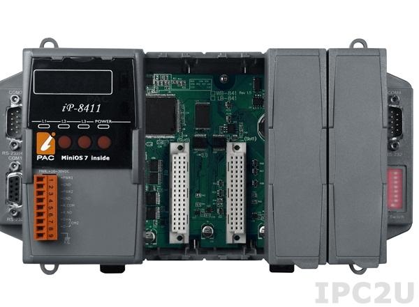 IP-8411 PC-совместимый промышленный контроллер 80МГц, 512кб SRAM, 512кб Flash, 2xRS232, 1xRS485, 1xRS232/485, 7-сегментный индикатор, 4 слота расширения, Mini OS7