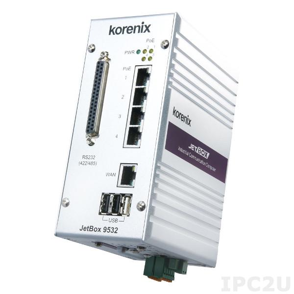 JetBox 9532 Korenix PoE Routing Server Intel Xcale IXP435 RISC 667MHz, 4xPoE LAN, 1xLAN/WAN, 4xCOM, 3xUSB, 8xDIO, 12..+48DC-In