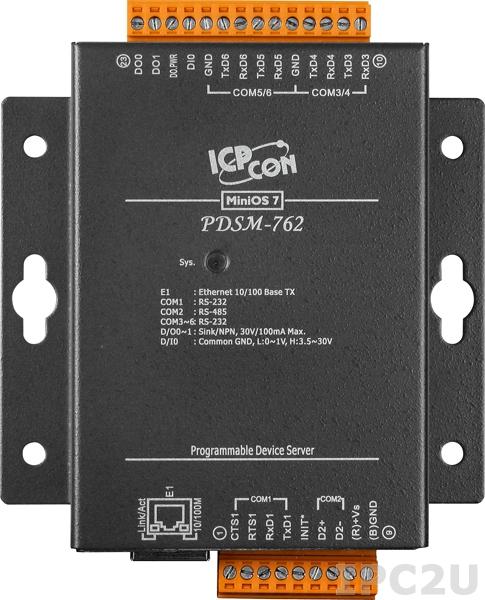 PDSM-762 Программируемый Ethernet сервер последовательных интерфейсов с 5 портами RS-232, 1 портом RS-485, 1 каналом дискретного ввода и 2 каналами дискретного вывода, металлический корпус