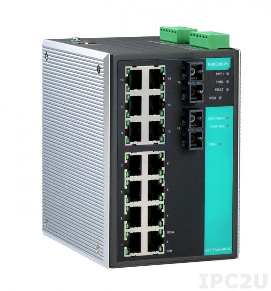 EDS-516A-MM-SC Промышленный 16-портовый управляемый коммутатор: 14 портов 10/100 BaseT Ethernet, 2 порта 100BaseFX (многомодовое волокно, разъем SC)