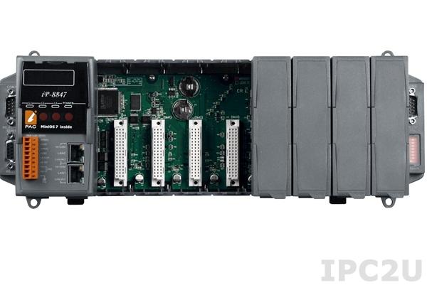 iP-8847 PC-совместимый промышленный контроллер 80МГц, 768кб SRAM, 512кб Flash, 2xLAN, 2xRS232, 1xRS485, 1xRS232/485, 7-сегментный индикатор, 8 слотов расширения, Mini OS7, ISaGRAF 3.5