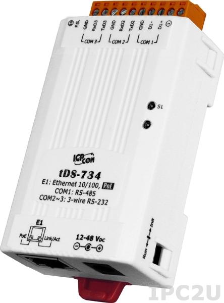 tDS-734 Преобразователь RS-232/485 в Ethernet, 2xRS-232, 1xRS-485, PoE