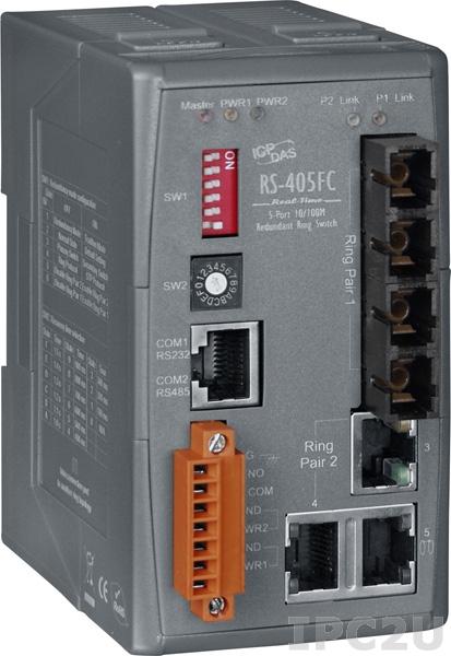 RS-405AFC-T Промышленный 5-портовый неуправляемый коммутатор с функцией резервирования: 3 порта 10/100 Base-T, 2 порта 100 Base-FX (многомодовое волокно, разъем SC), +12...+48 В DC без изоляции, -40...+75C