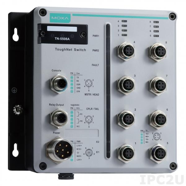 TN-5508A-WV-T Управляемый Ethernet коммутатор L2 с 8 портами 10/100 BaseT(X), разъемы М12, резервируемое питание 24 - 110 VDC, -40...+75С