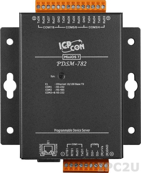 PDSM-782 Программируемый Ethernet сервер последовательных интерфейсов с 7 портами RS-232 и 1 портом RS-485, металлический корпус