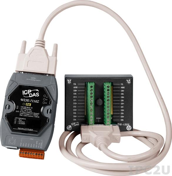 WISE-7118Z/S2 Web-программируемый контроллер, 16-bit CPU, 512 кб SRAM, 512 Кб Flash, 10 каналов аналогового ввода или сигнала с термопары: J. K. T. E. R. S.B. N. C. L. M, L(DIN)43710 / 6 каналов дискретного вывода, плата DB-1822, кабель 1,8м, PoE, Modbus TCP